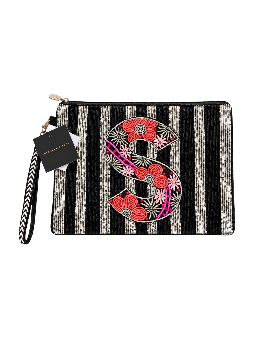 America & Beyond Beaded Initial S Velvet Wristlet Clutch NWT
